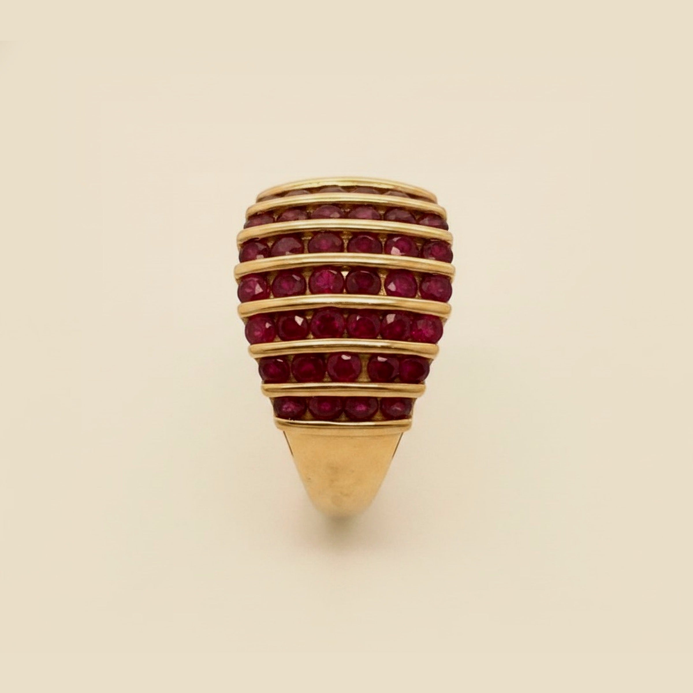 Eight row 14k yellow gold natural ruby cocktail ring
