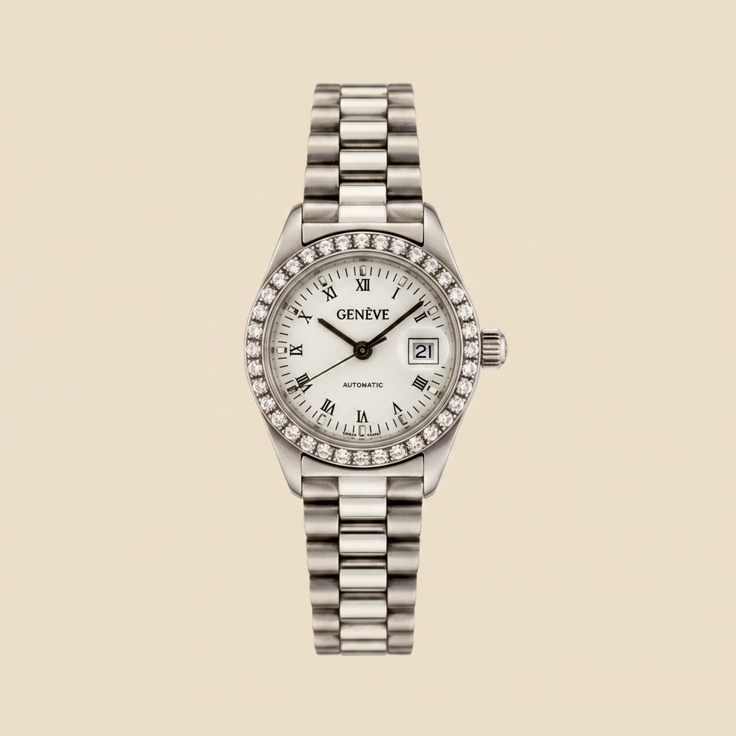 Geneve Swiss Automatic White Gold Lady's Wrist Watch w/ Diamond – Empire Diamond