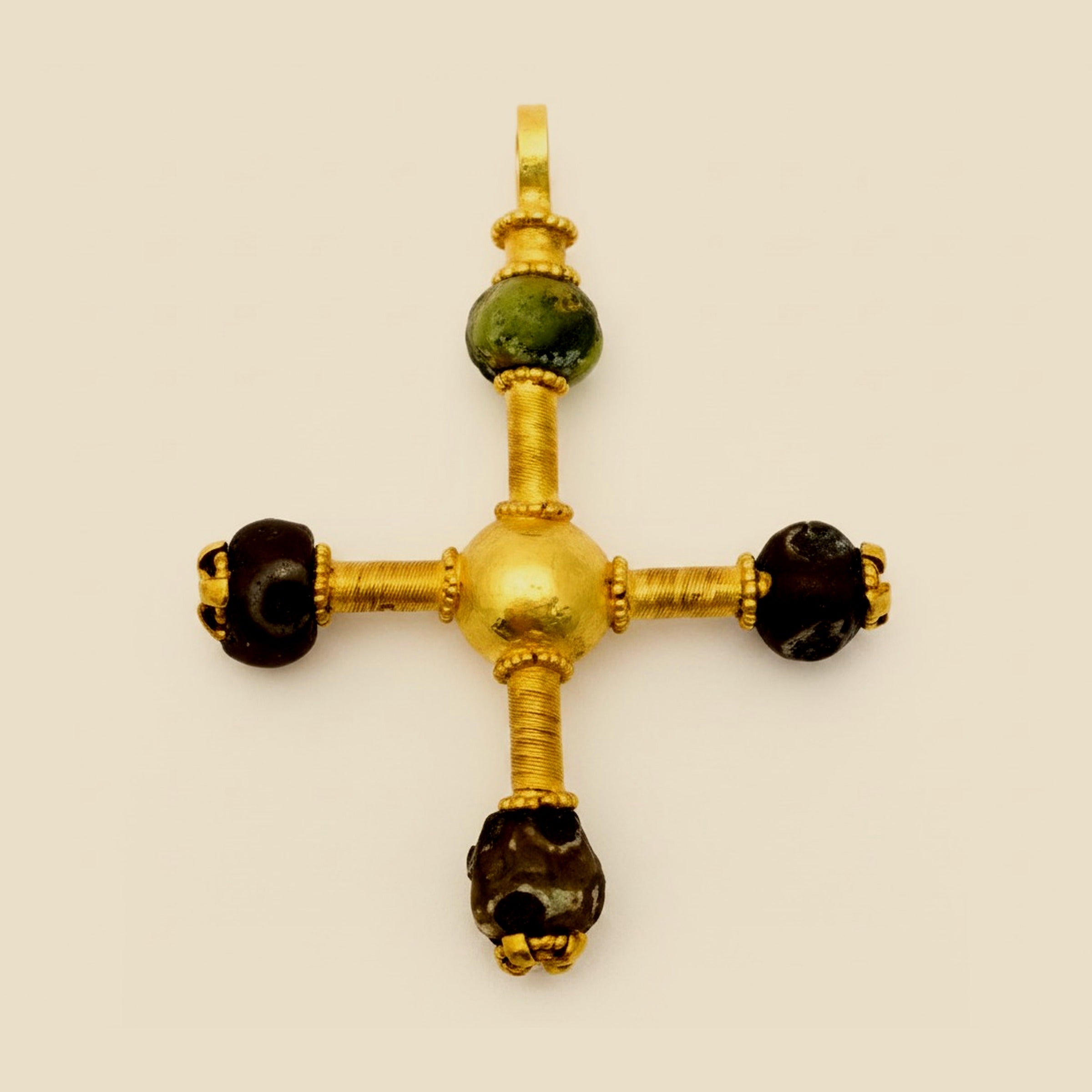 Hand-made Yellow Gold Cross Pendant with Decorative Stone Beads – Empire Diamond