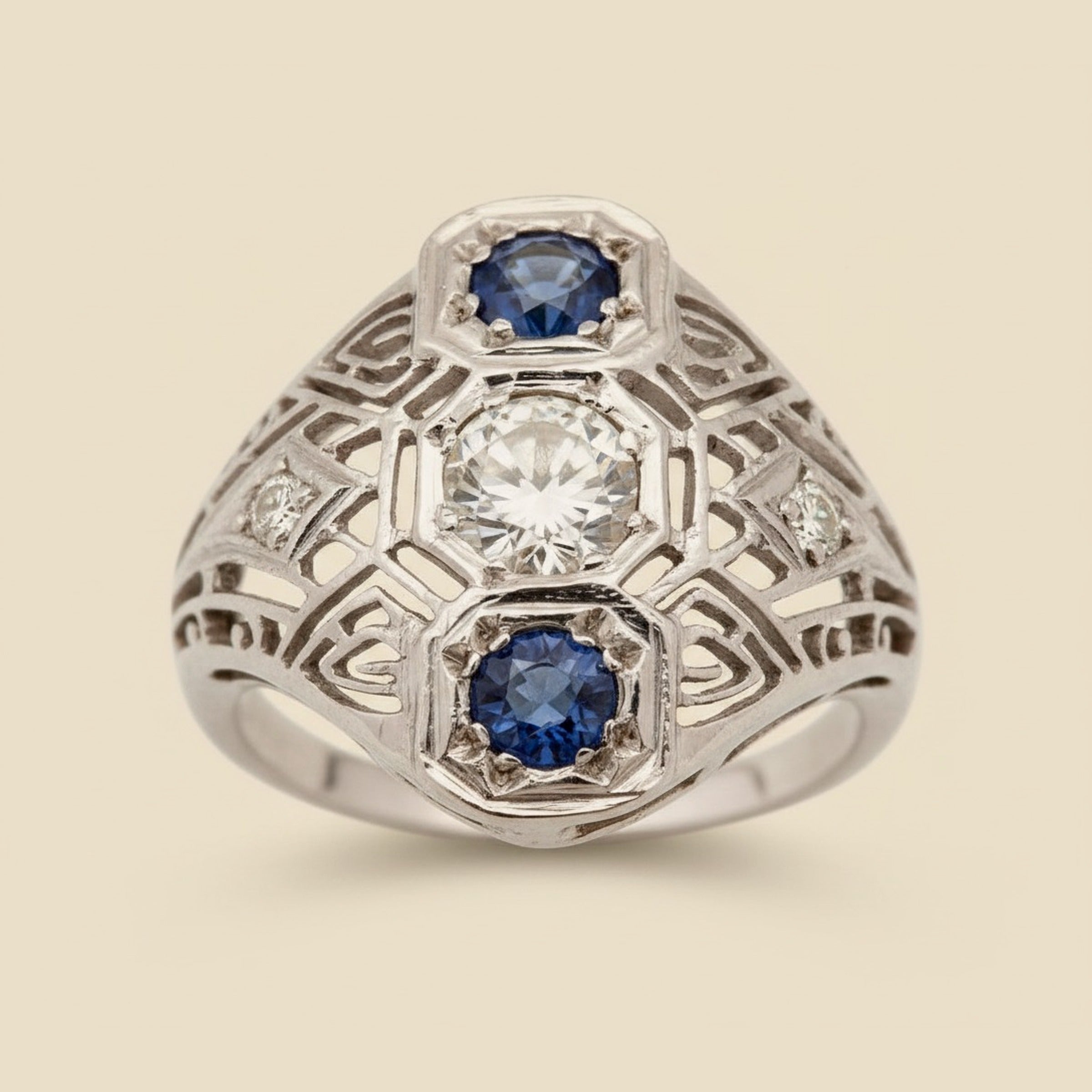 Lady's Art Deco Filigree Diamond & Sapphire Dinner Ring – Empire Diamond – view 2