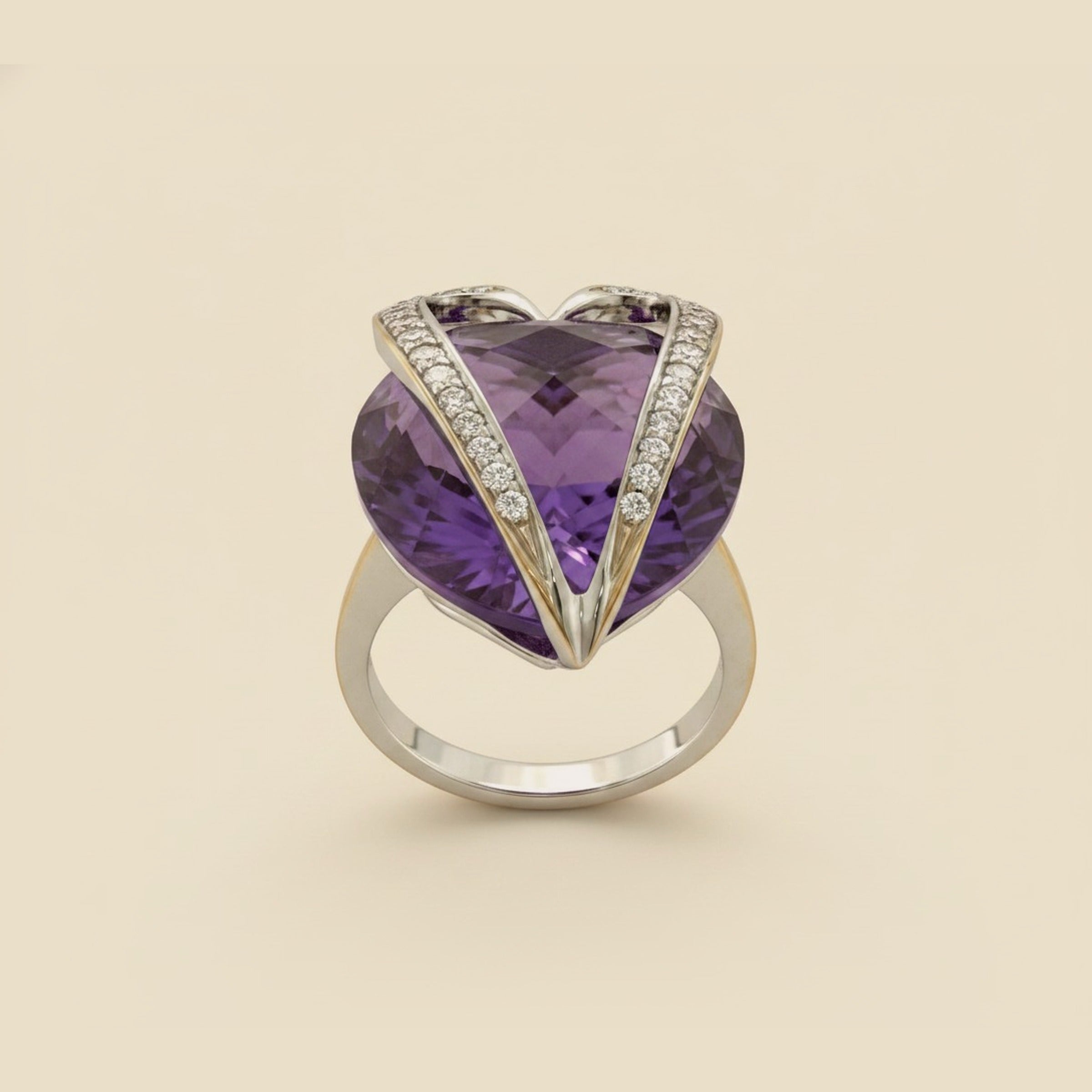 Open Diamond Heart Checkerboard Amethyst Heart Ring – Empire Diamond – view 2