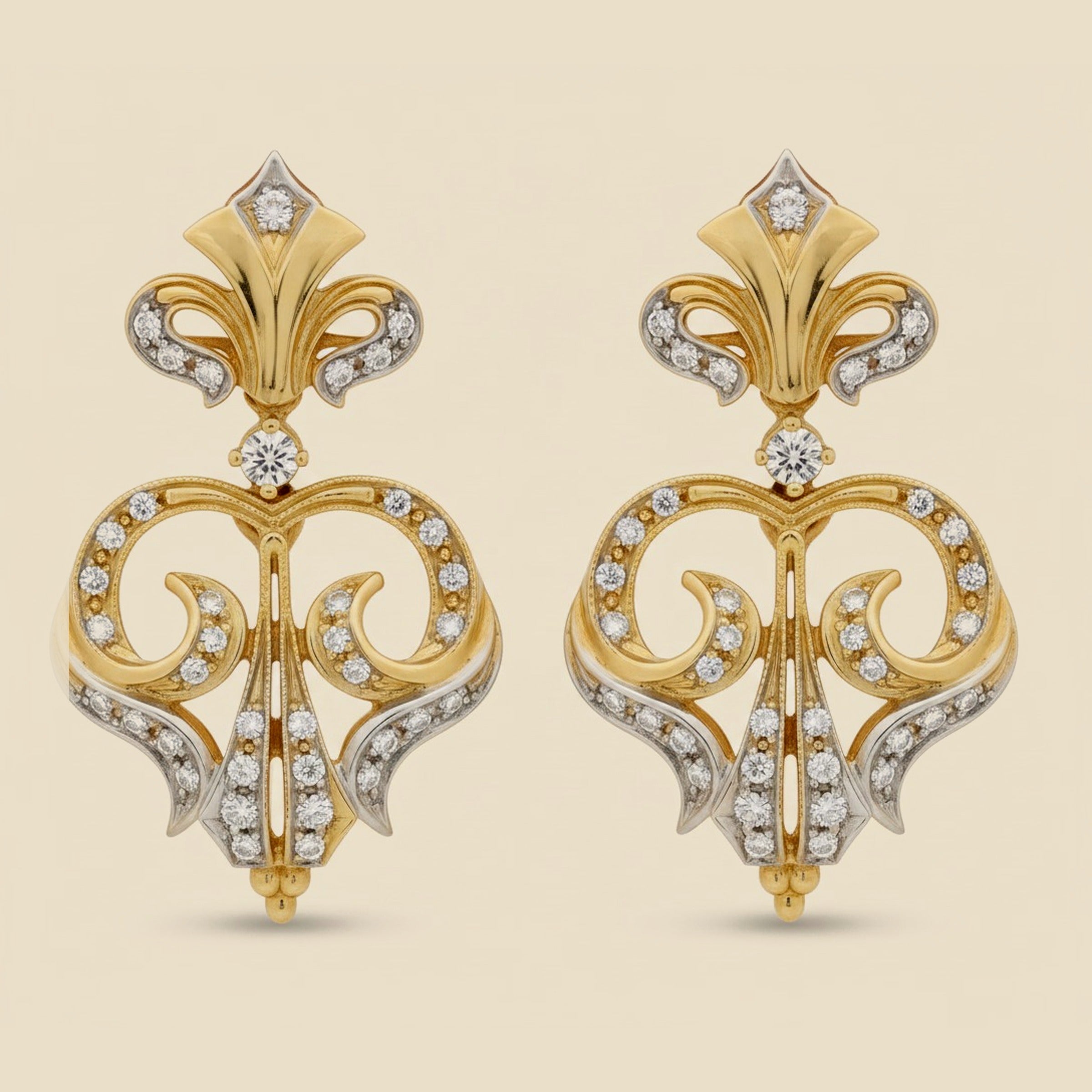 Pair of 2-Tone 14K Dangling Diamond Scroll Earrings – Empire Diamond