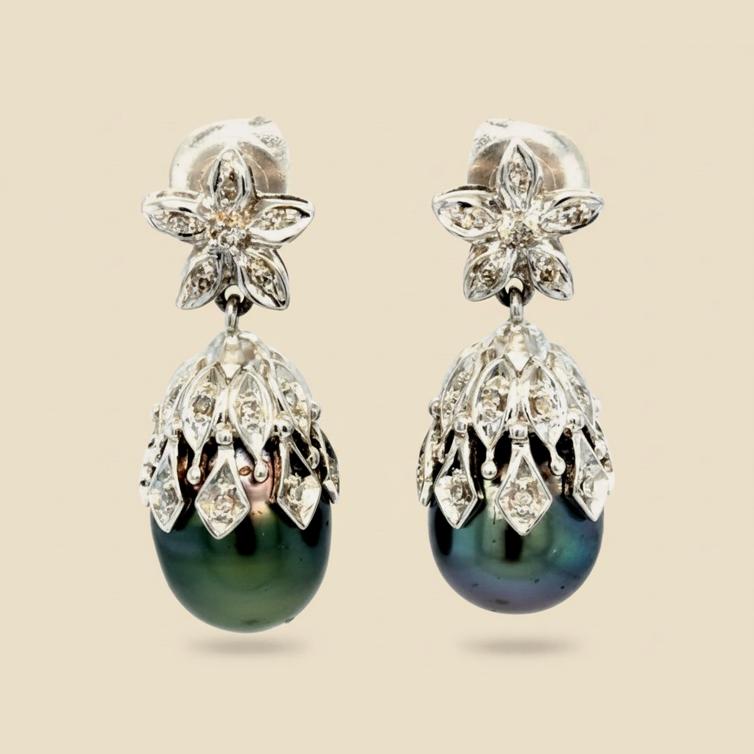 Pair of Dangling Grey Cultured Pearl Earrings with Diamond Accents – Empire Diamond
