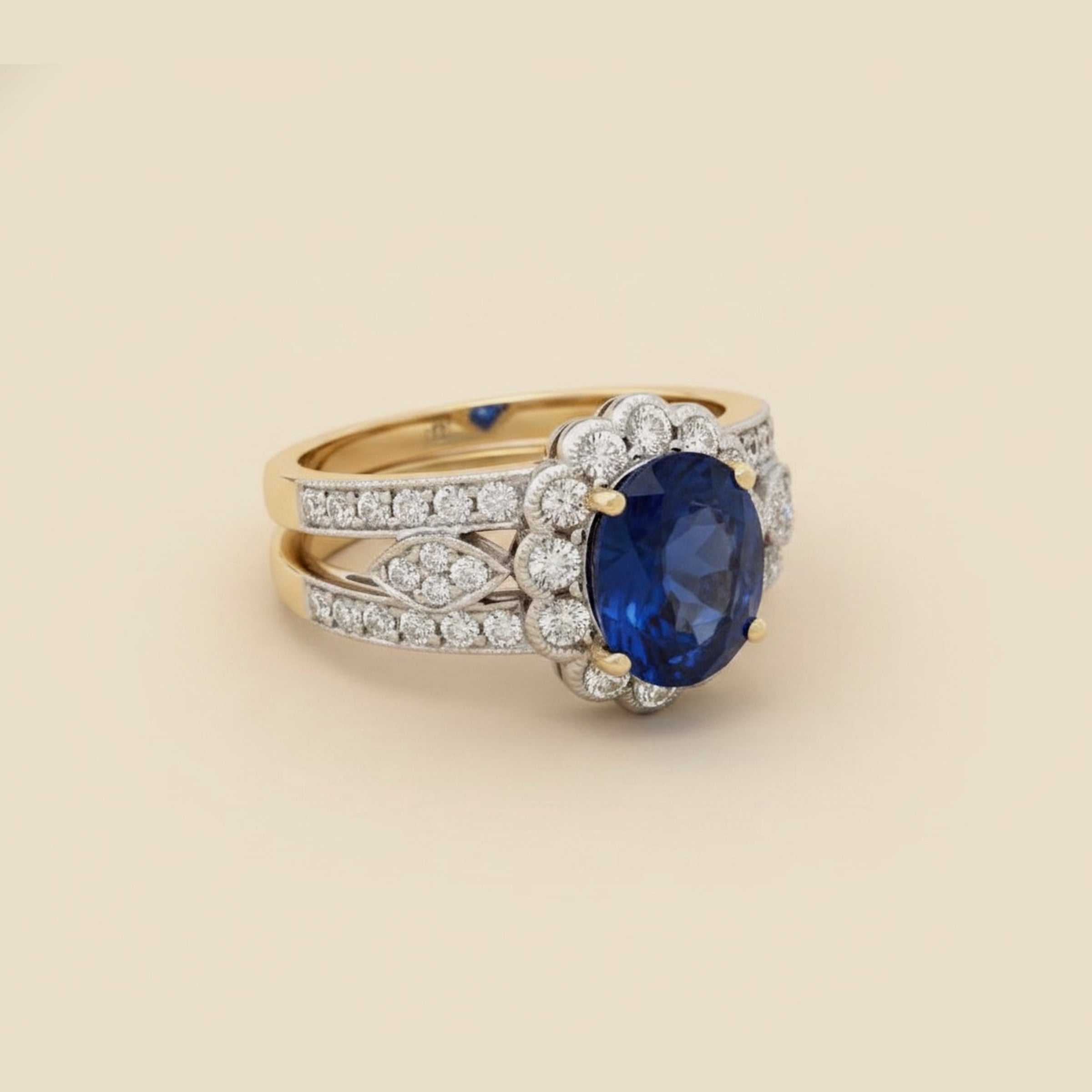 Two Tone 18k Natural Sapphire & Diamond Cocktail Ring