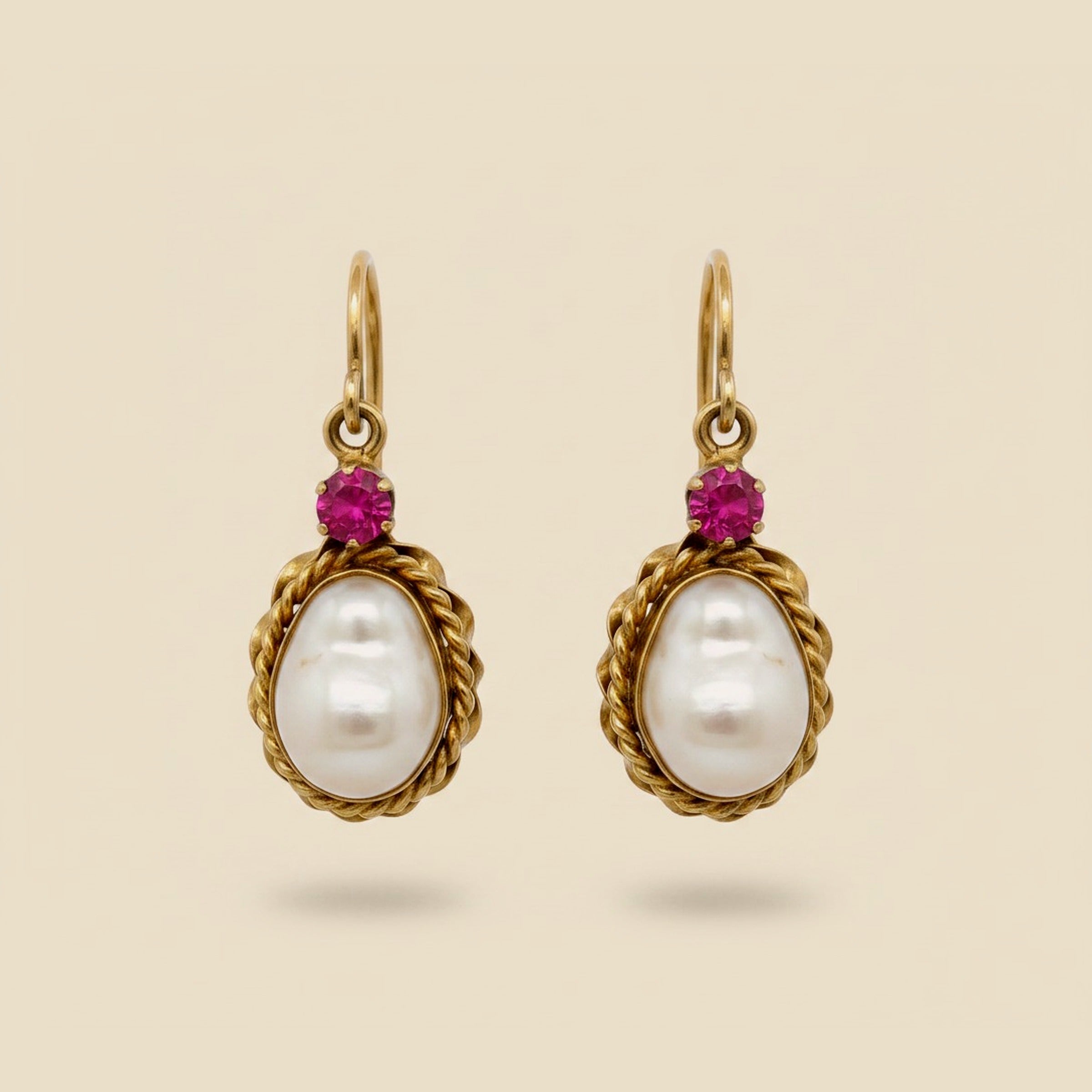 Victorian 14k Fresh Water Pearl & Pink Zircon Earrings Earrings