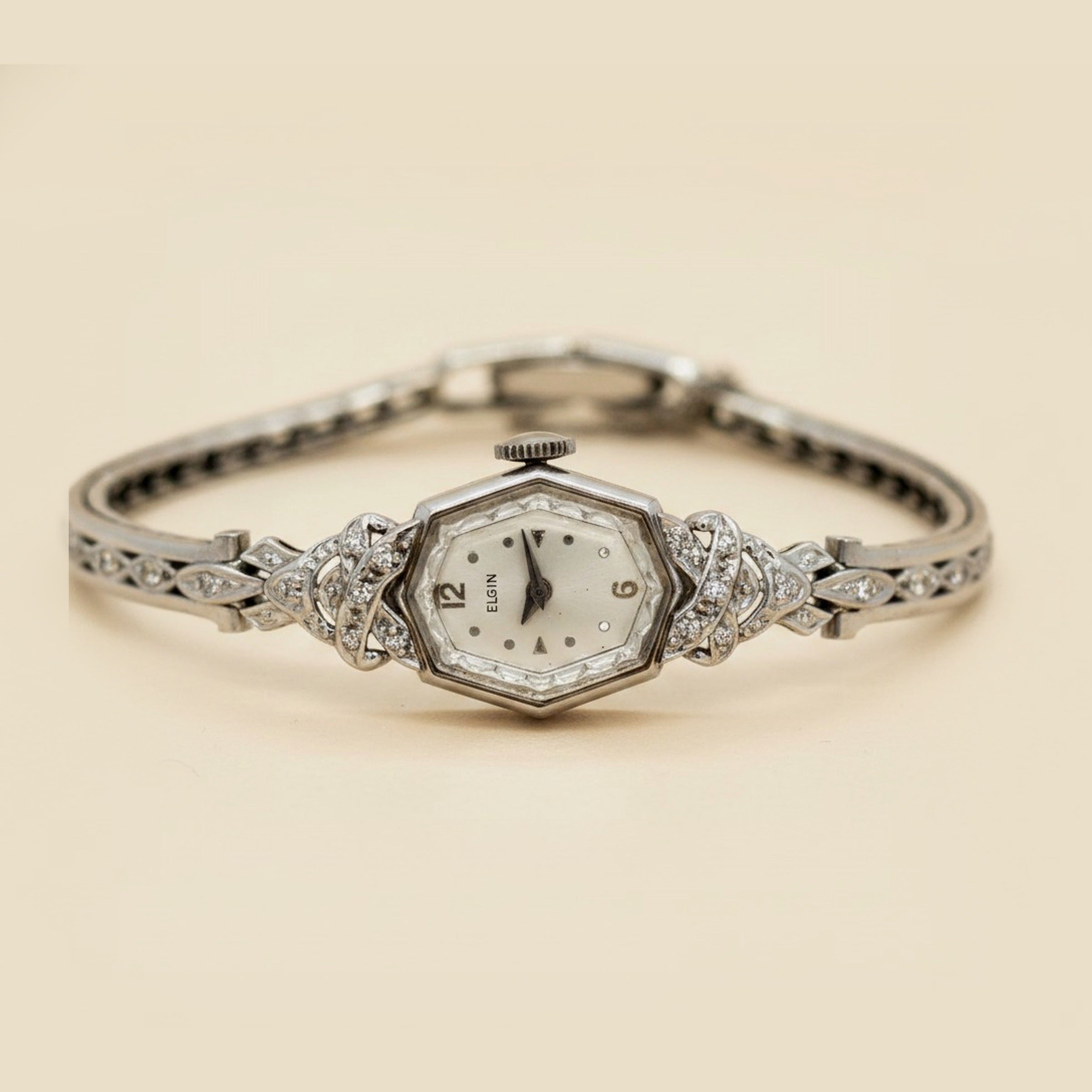 Vintage Elgin White Gold Diamond Wrist Watch