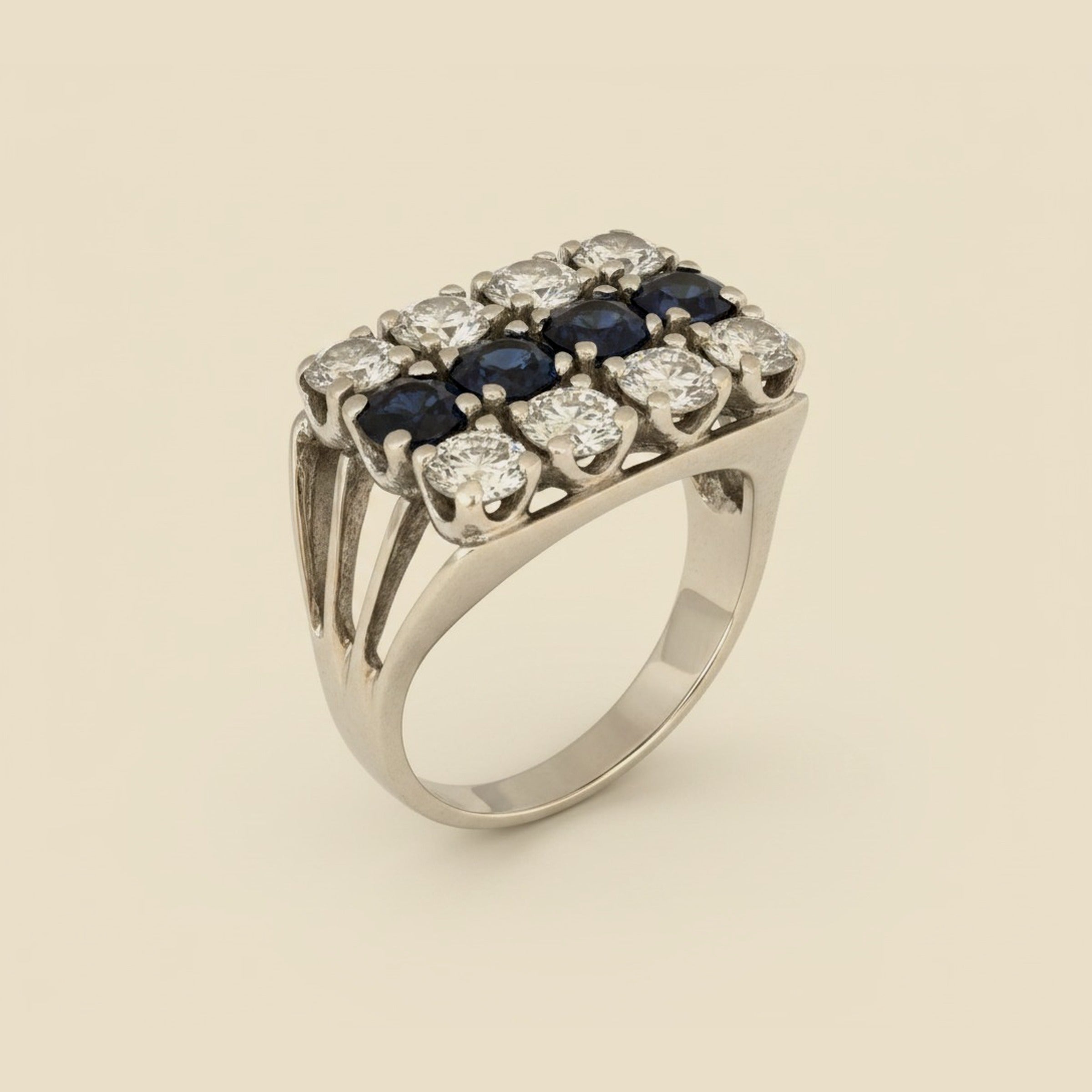 White Gold 3 Row Diamond & Sapphire Cocktail Ring – Empire Diamond
