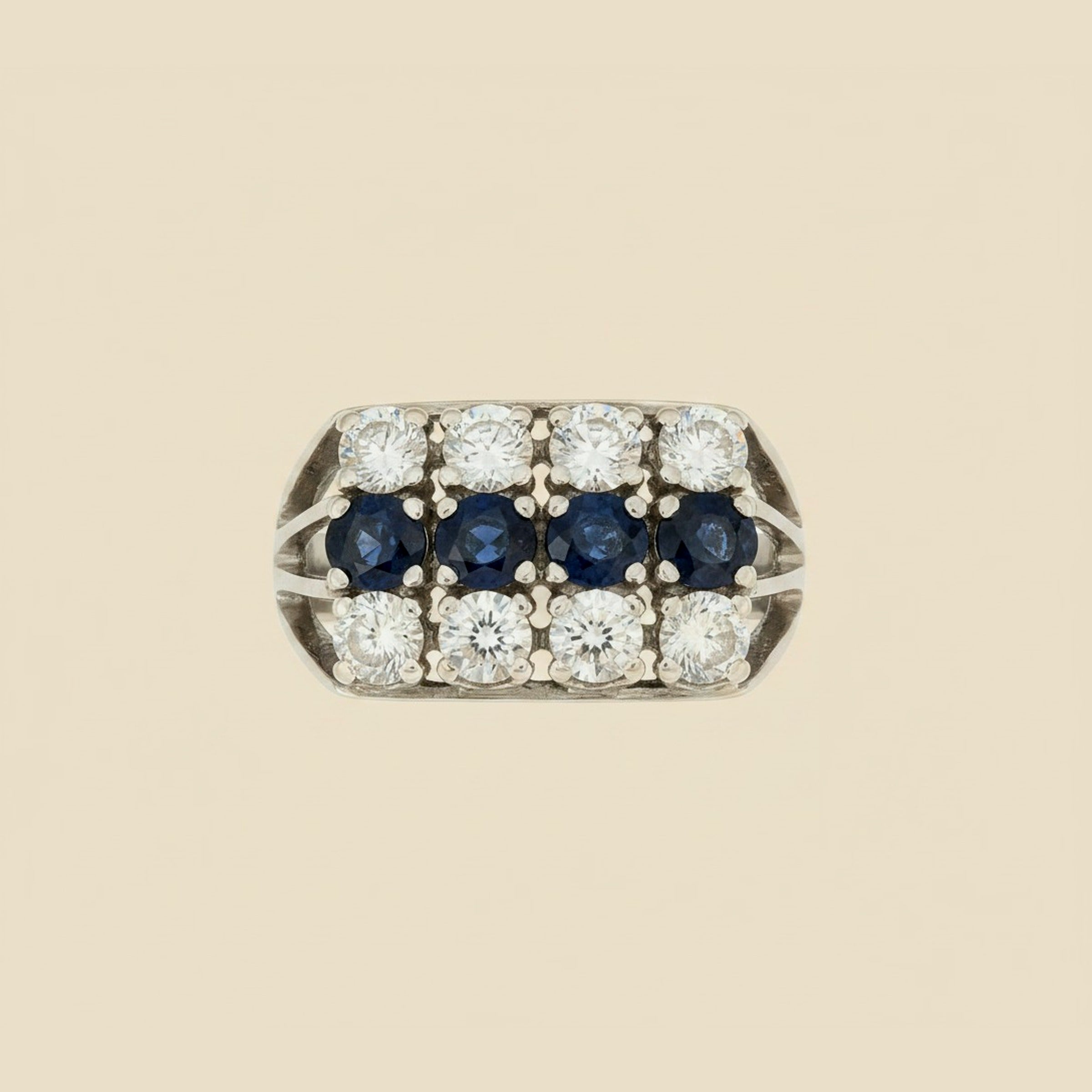 White Gold 3 Row Diamond & Sapphire Cocktail Ring – Empire Diamond – view 2