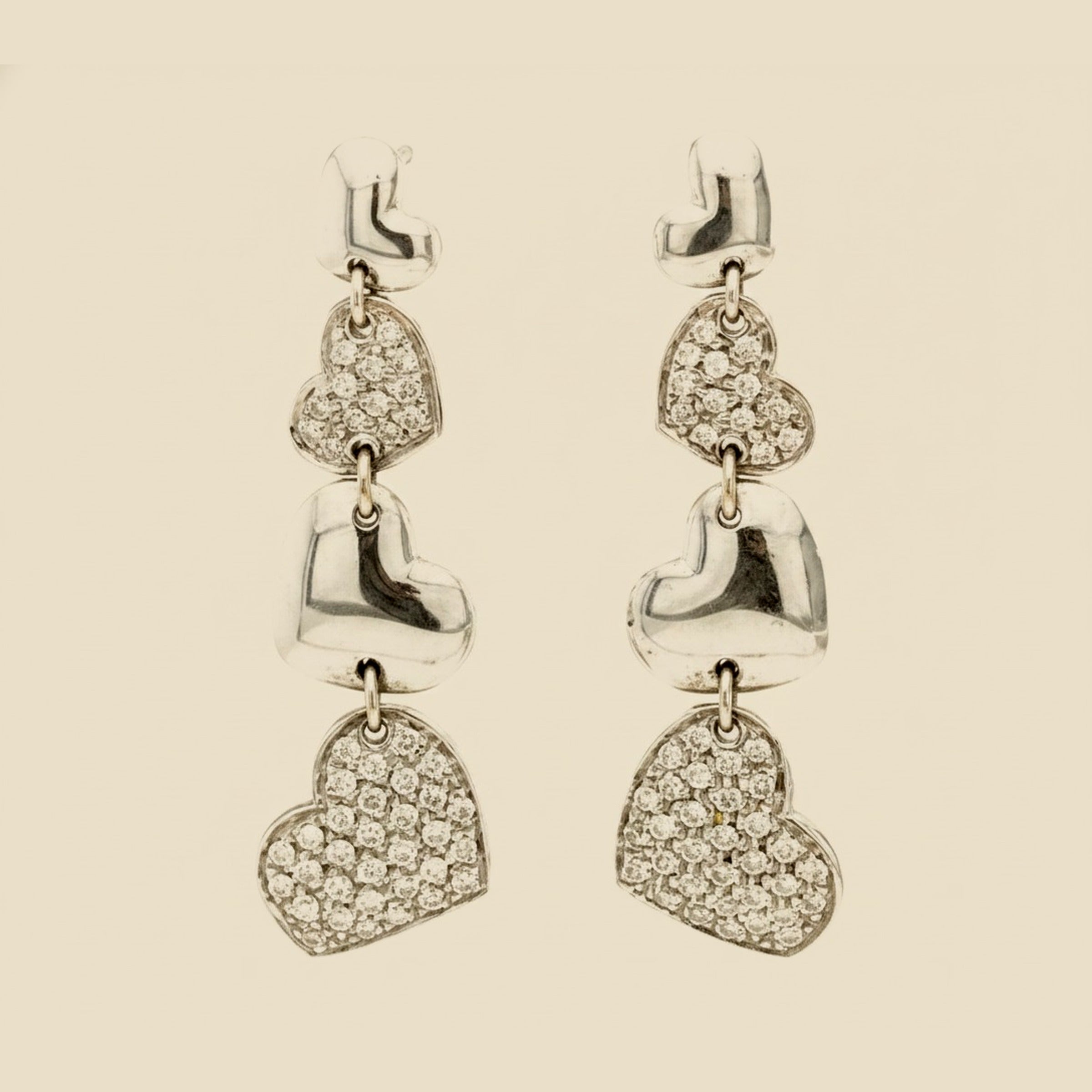 White Gold Diamond Heart Dangling Earrings
