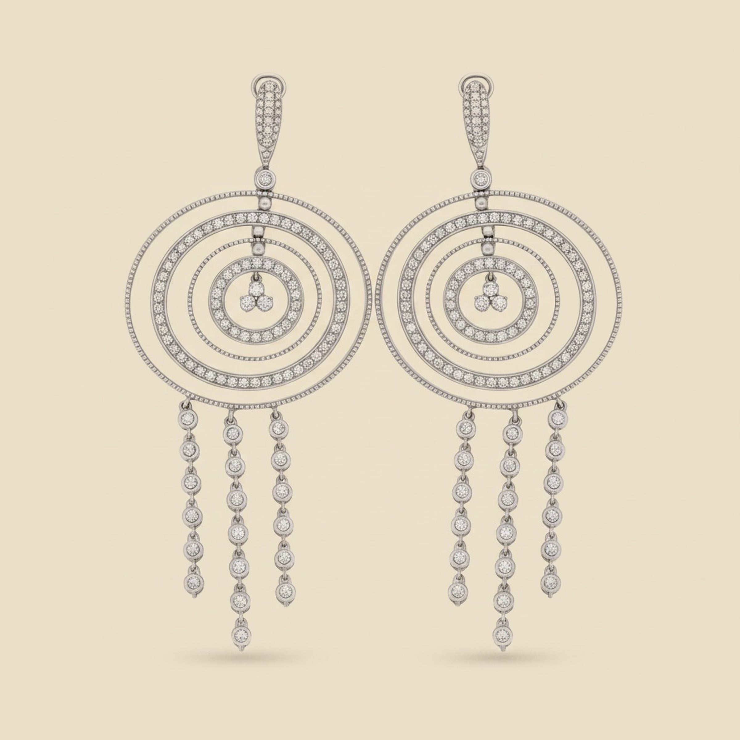 White Gold Diamond Multi-Circle & Tassle Hanging Earrings – Empire Diamond