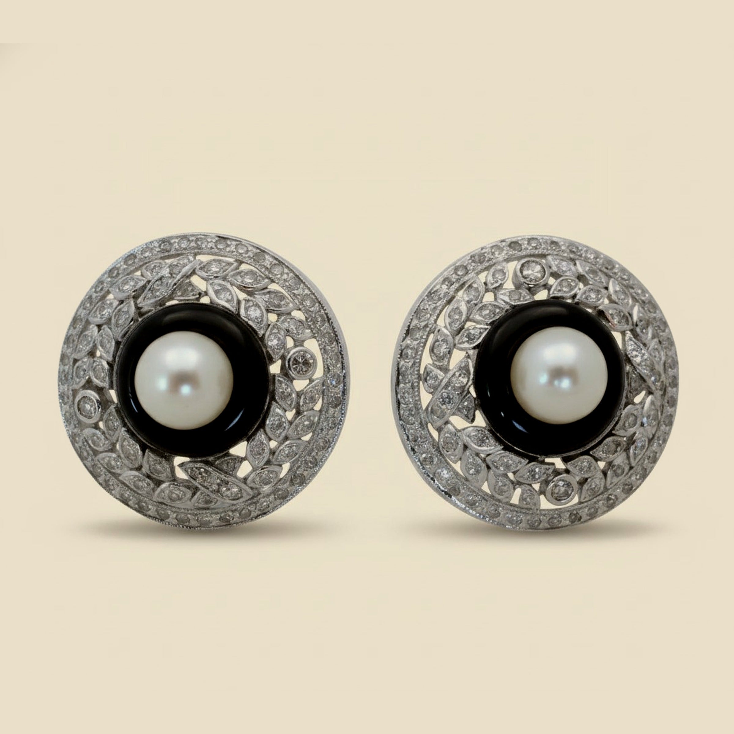 White Gold Diamond, Pearl, and Black Enamel Earrings – Empire Diamond