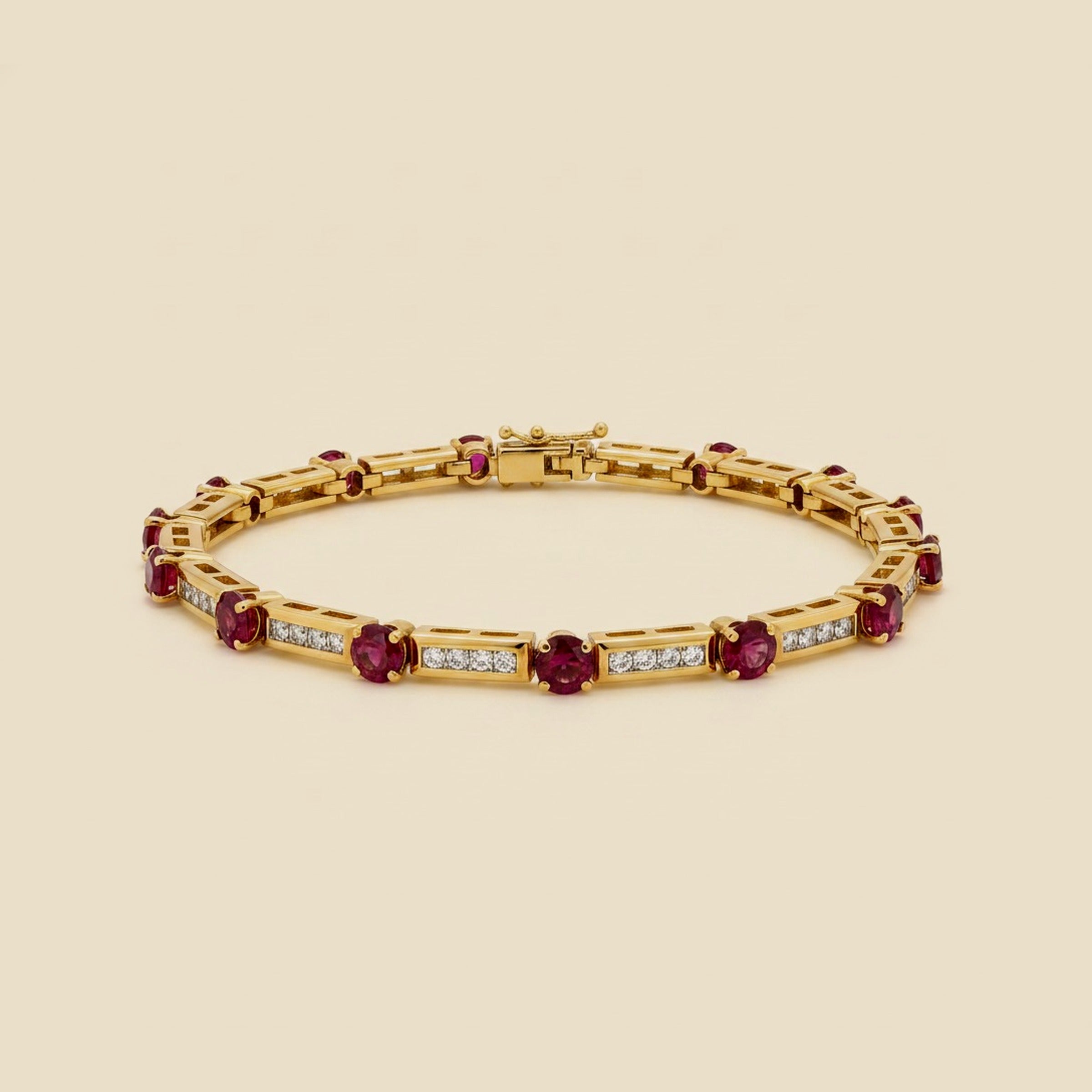 Yellow Gold Alternating Ruby & Diamond Line Bracelet