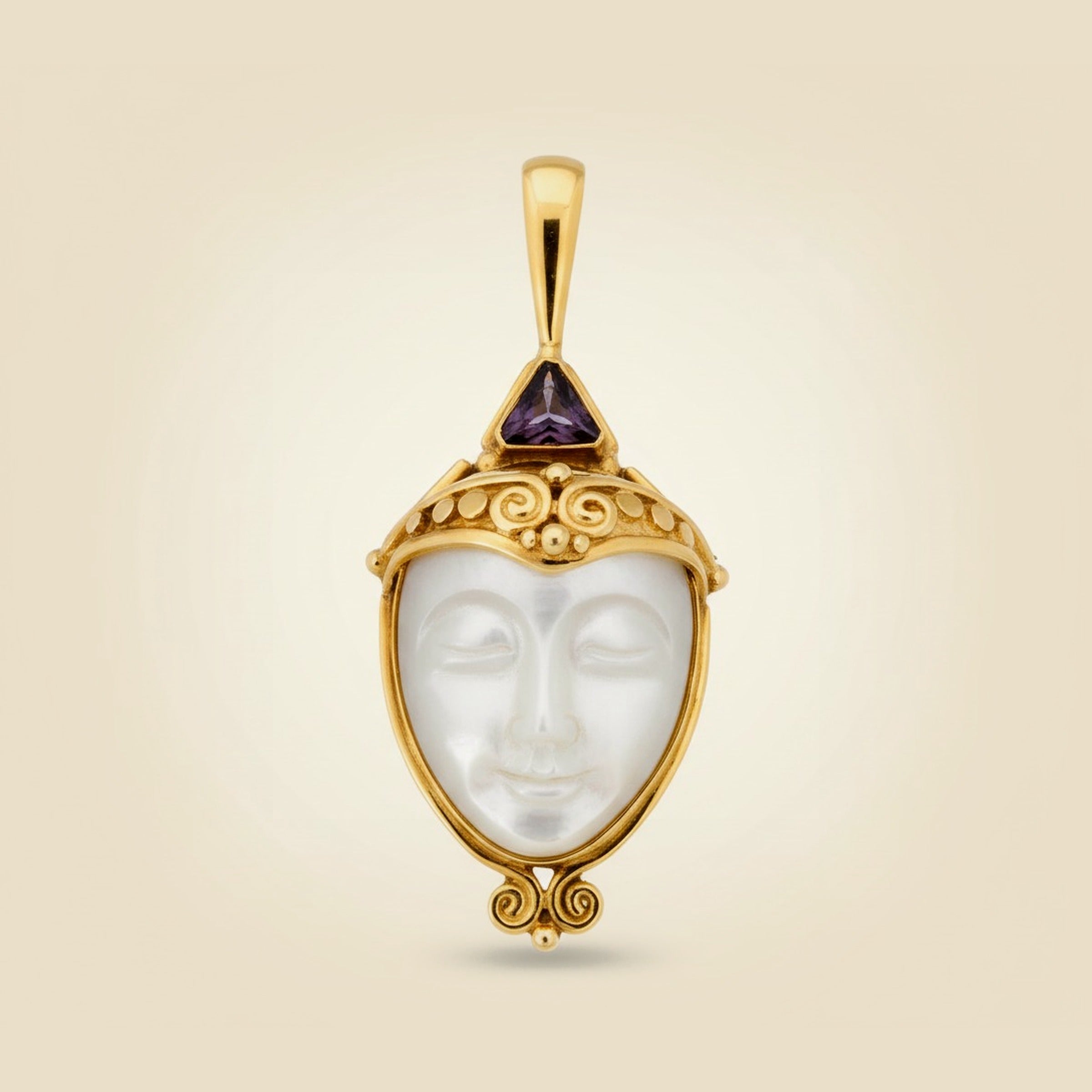 Yellow Gold Carved Moonstone Face and Triangular Tanzanite Pendant – Empire Diamond