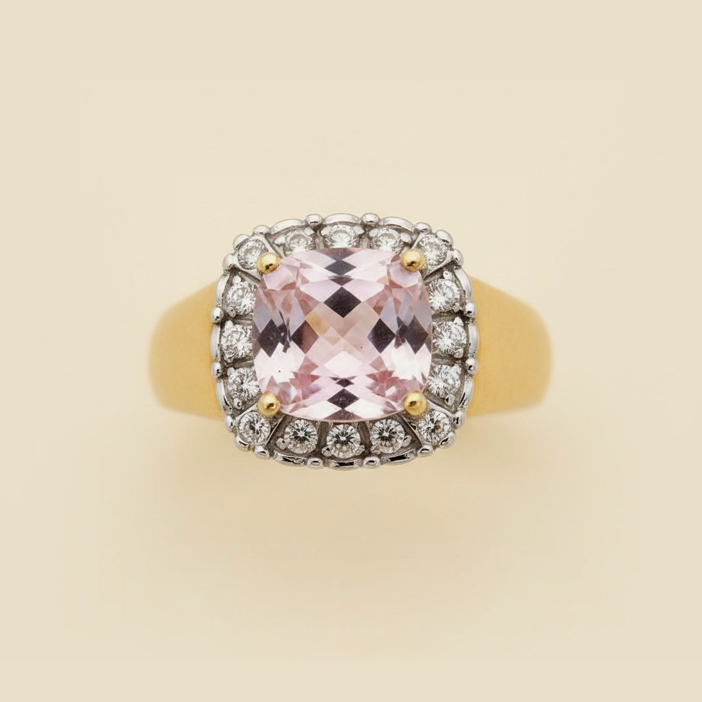 Yellow Gold Cushion Pink Quartz and Diamond Cocktail Ring – Empire Diamond – view 2