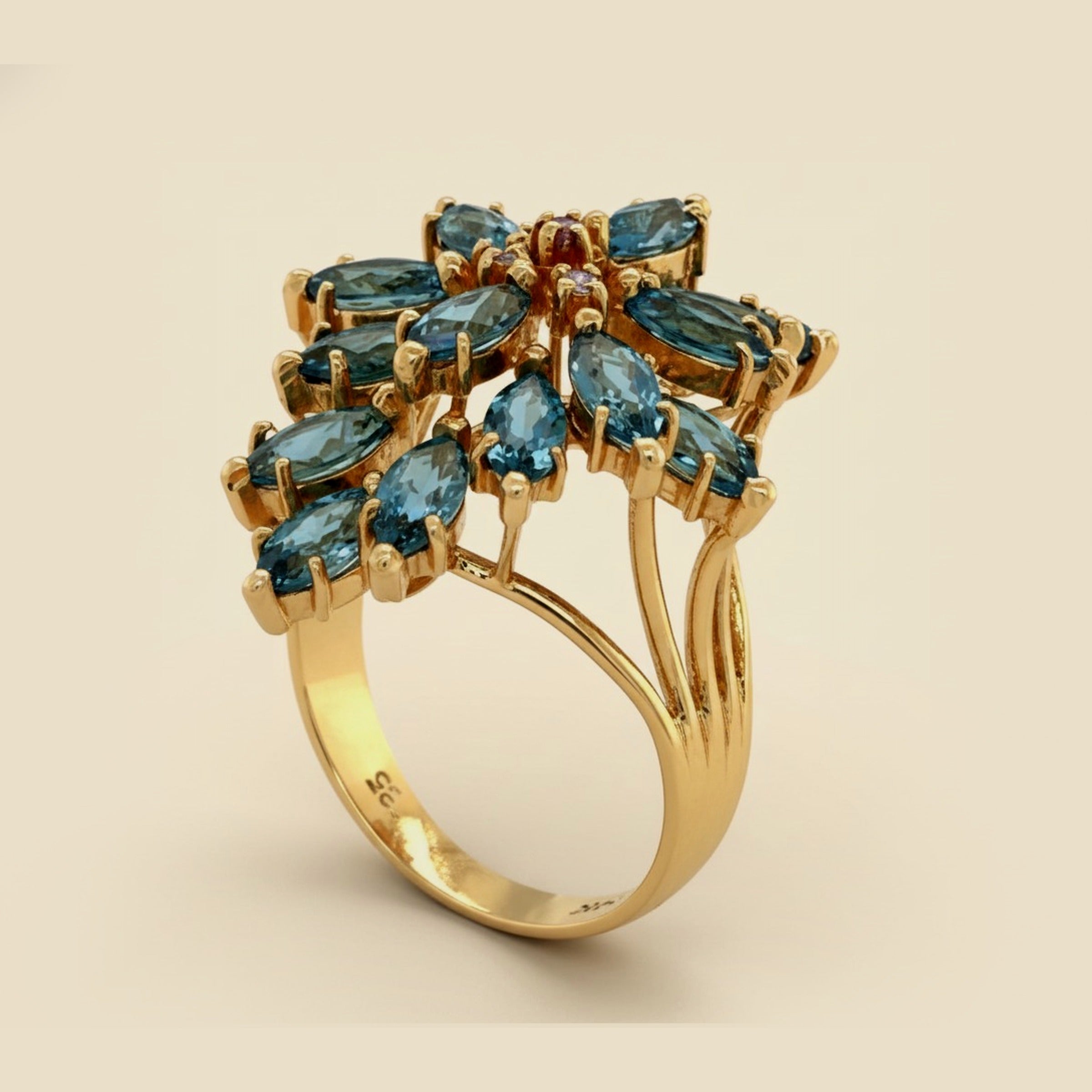 Yellow Gold Diamond & Blue Topaz Cluster Ring