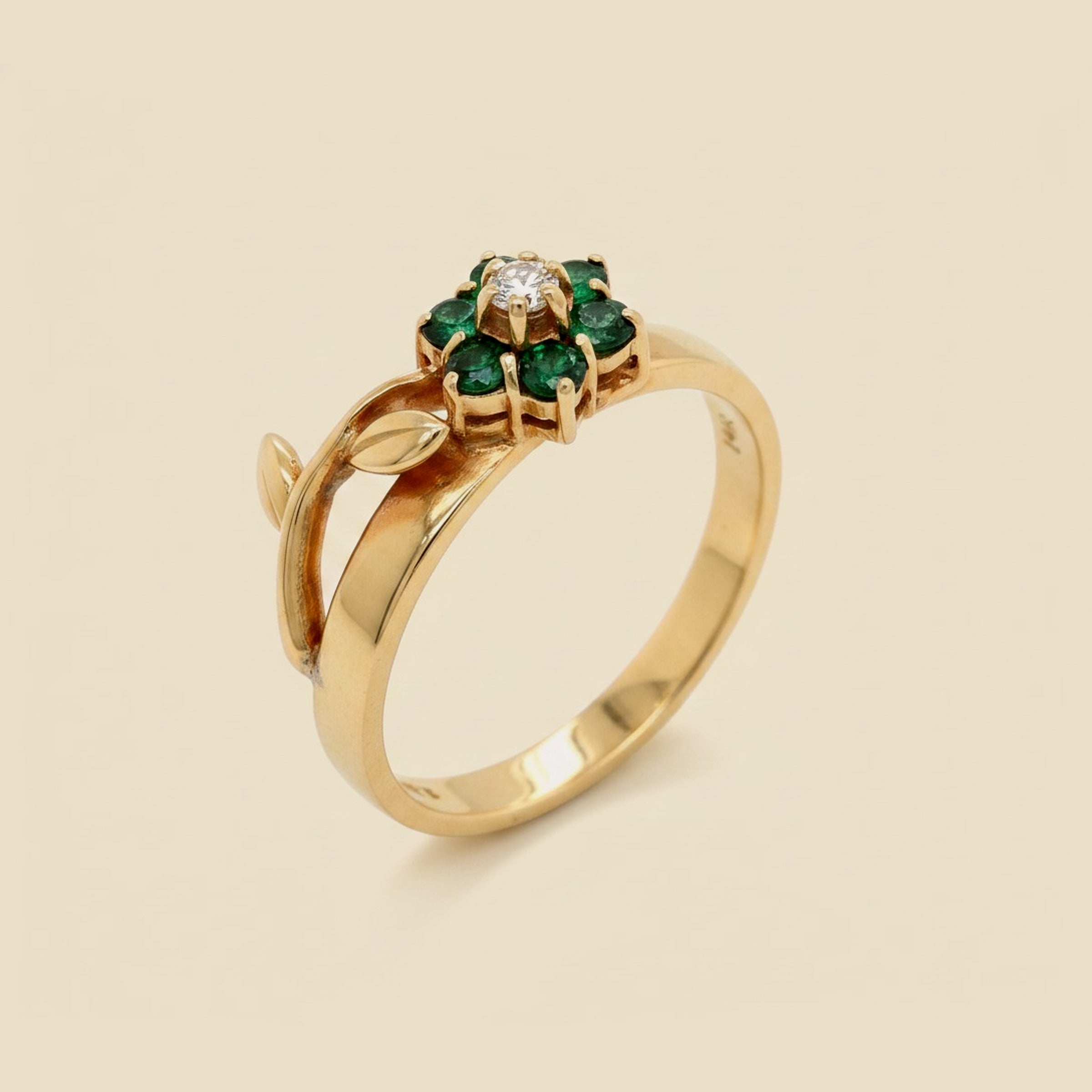 Yellow Gold Diamond/Emerald Flower Ring