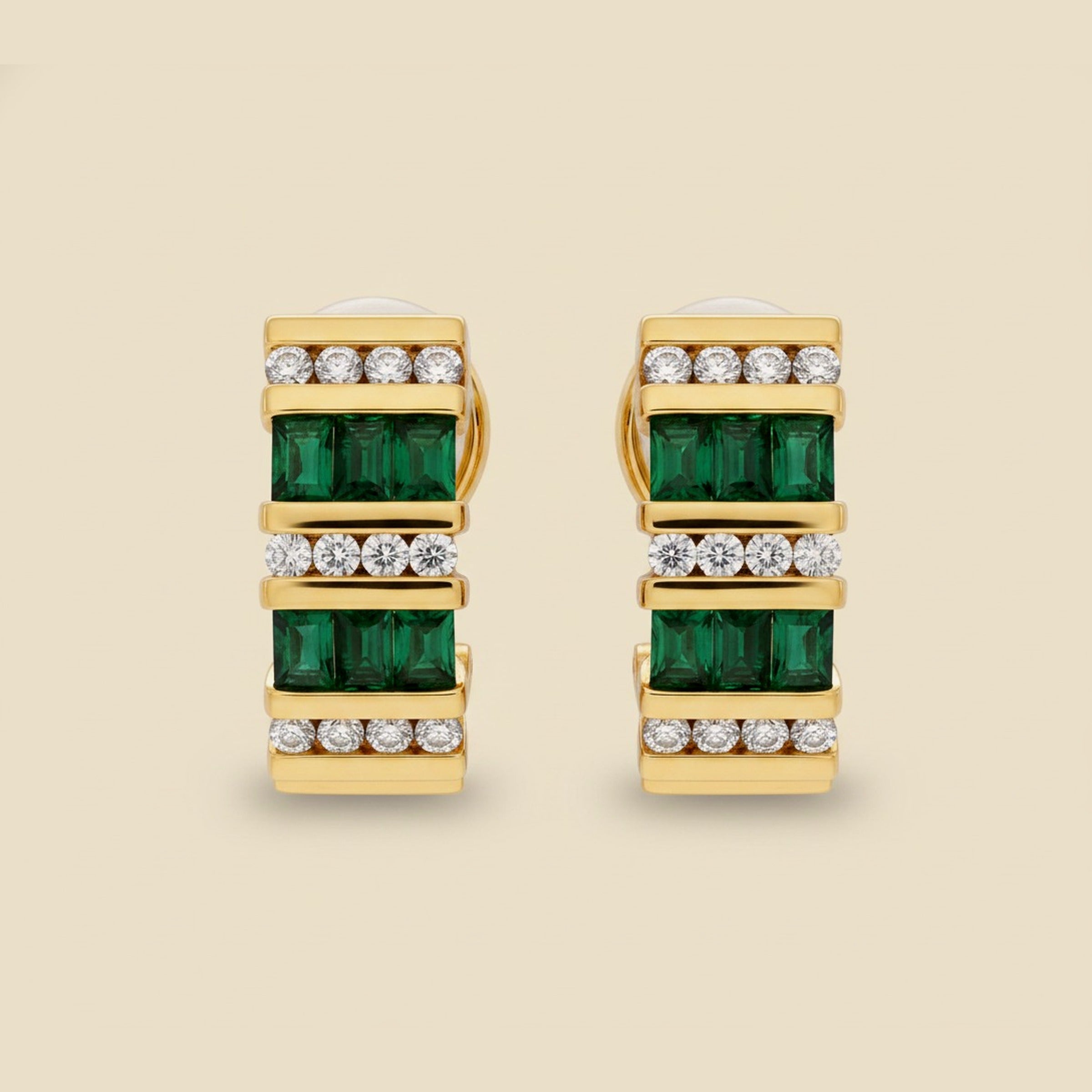 Yellow Gold Diamond & Emerald "J" Hoop Earrings