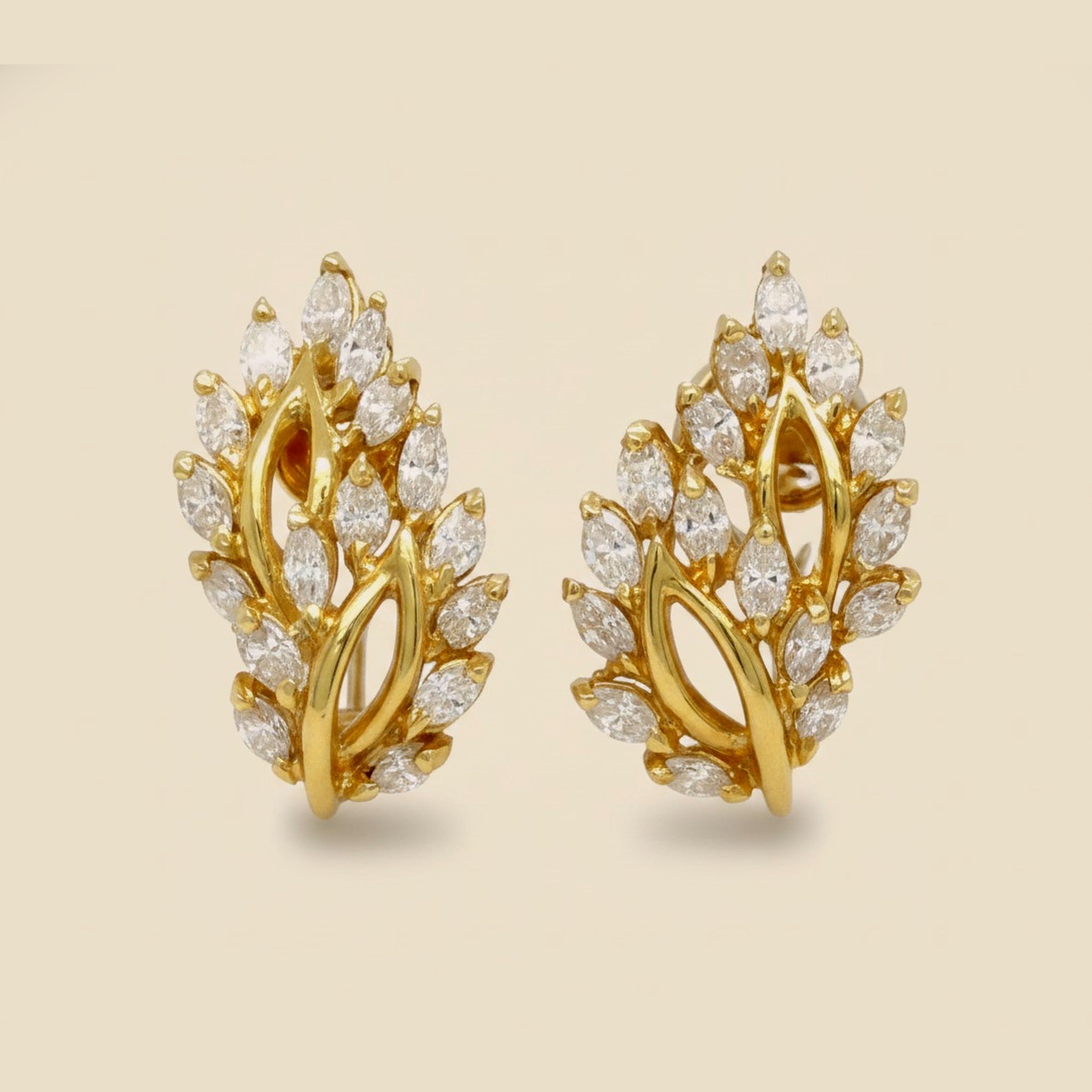Yellow Gold Diamond Leaf Earrings