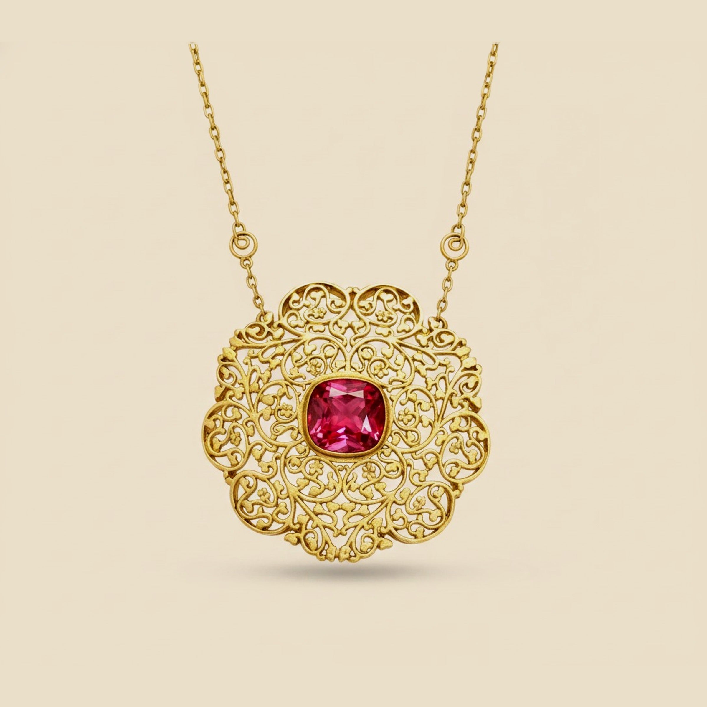 Yellow Gold Filigree Pink Tourmaline Necklace