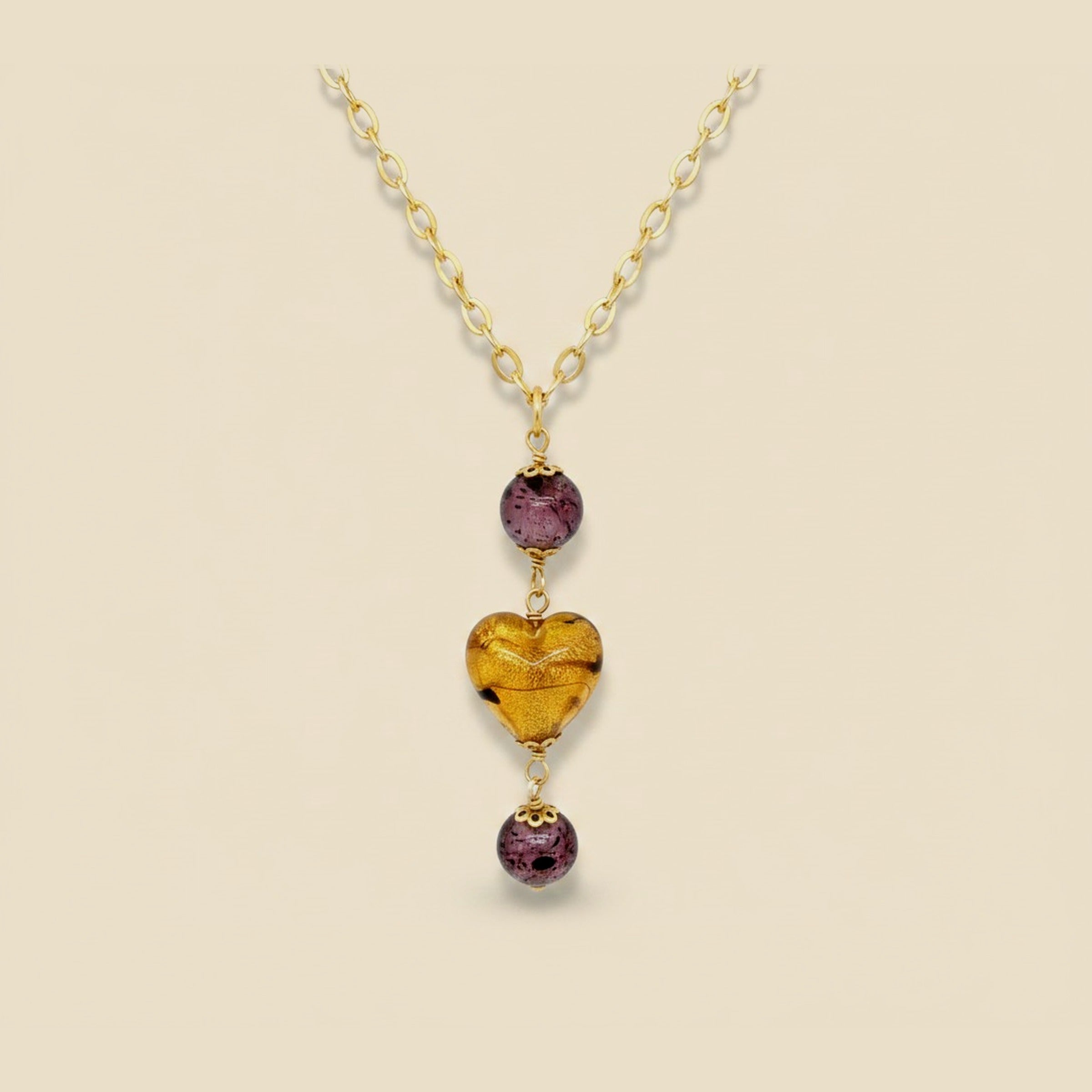 Yellow Gold Purple & Yellow Glass Bead Necklace
