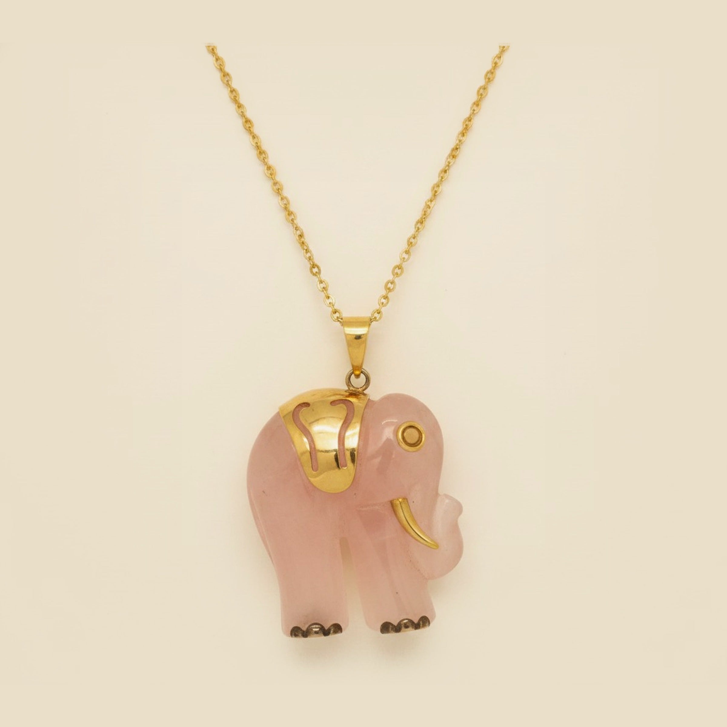 Yellow Gold Rose Quartz Elephant Pendant Necklace