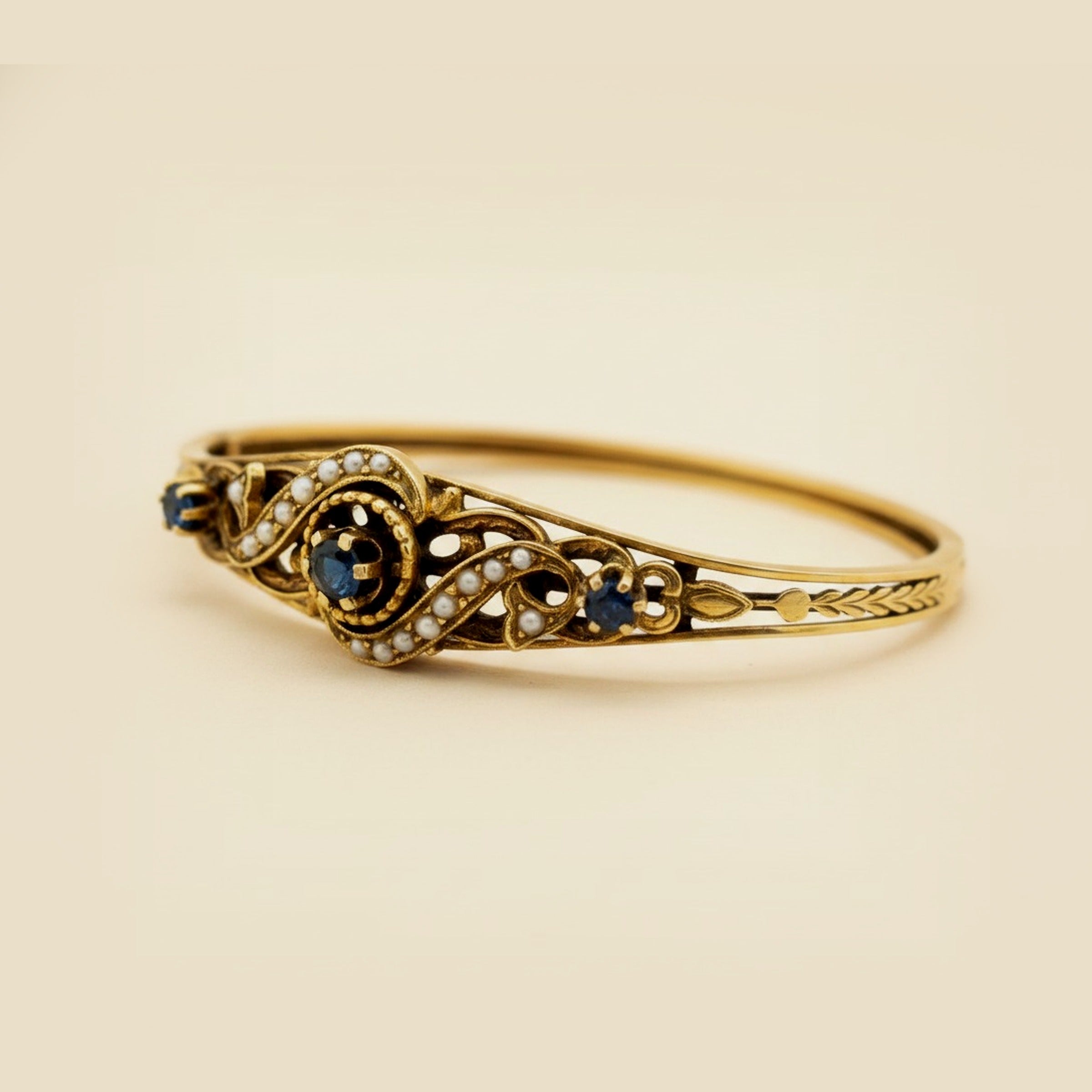 Yellow Gold Sapphire & Seed Pearl Bangle Bracelet
