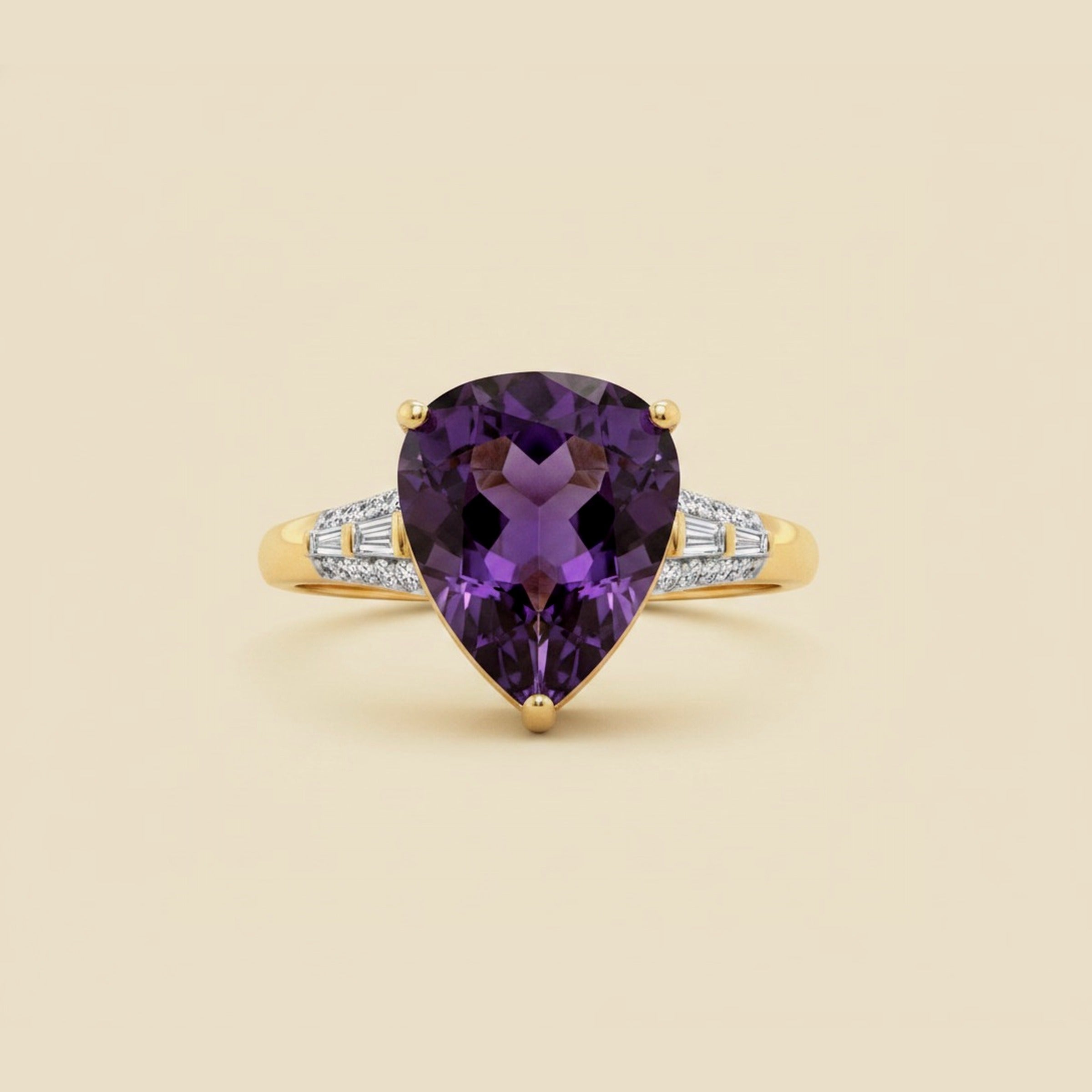 Yellow Gold Shield Cut Amethyst & Diamond Ring