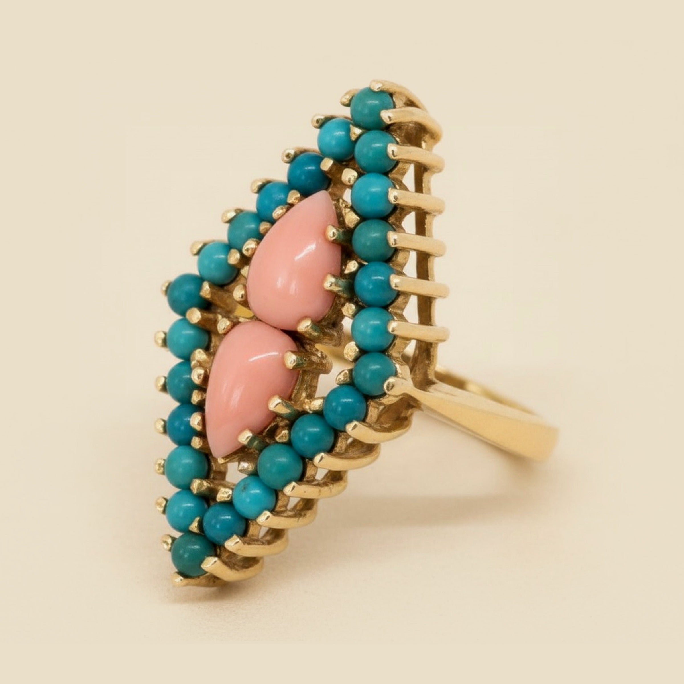 Yellow Gold Turquoise & Pink Coral Marquise Shaped Ring – Empire Diamond